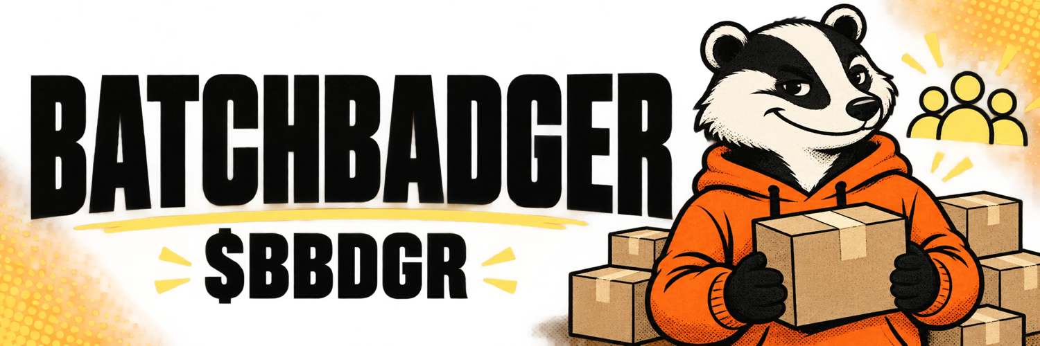 BatchBadger $BBDGR banner with a smiling badger and stacked parcels